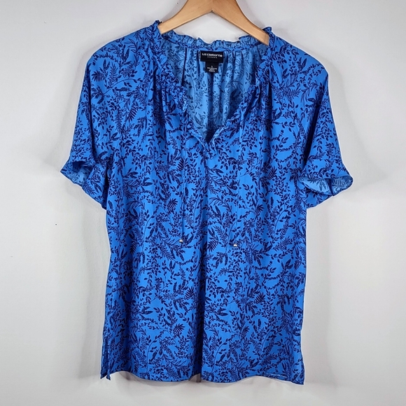 Liz Claiborne  Pullover Ruffled Floral Blouse Blue Short Sleeves Size Large - Picture 1 of 4